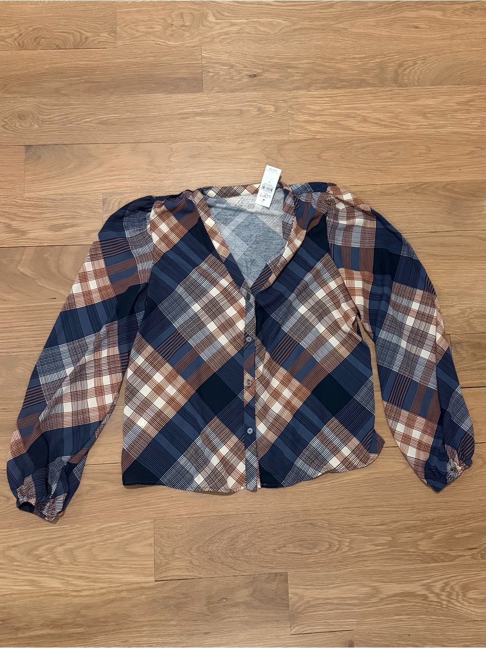 LOFT Navy Blue and Brown Plaid Button-Up Blouse